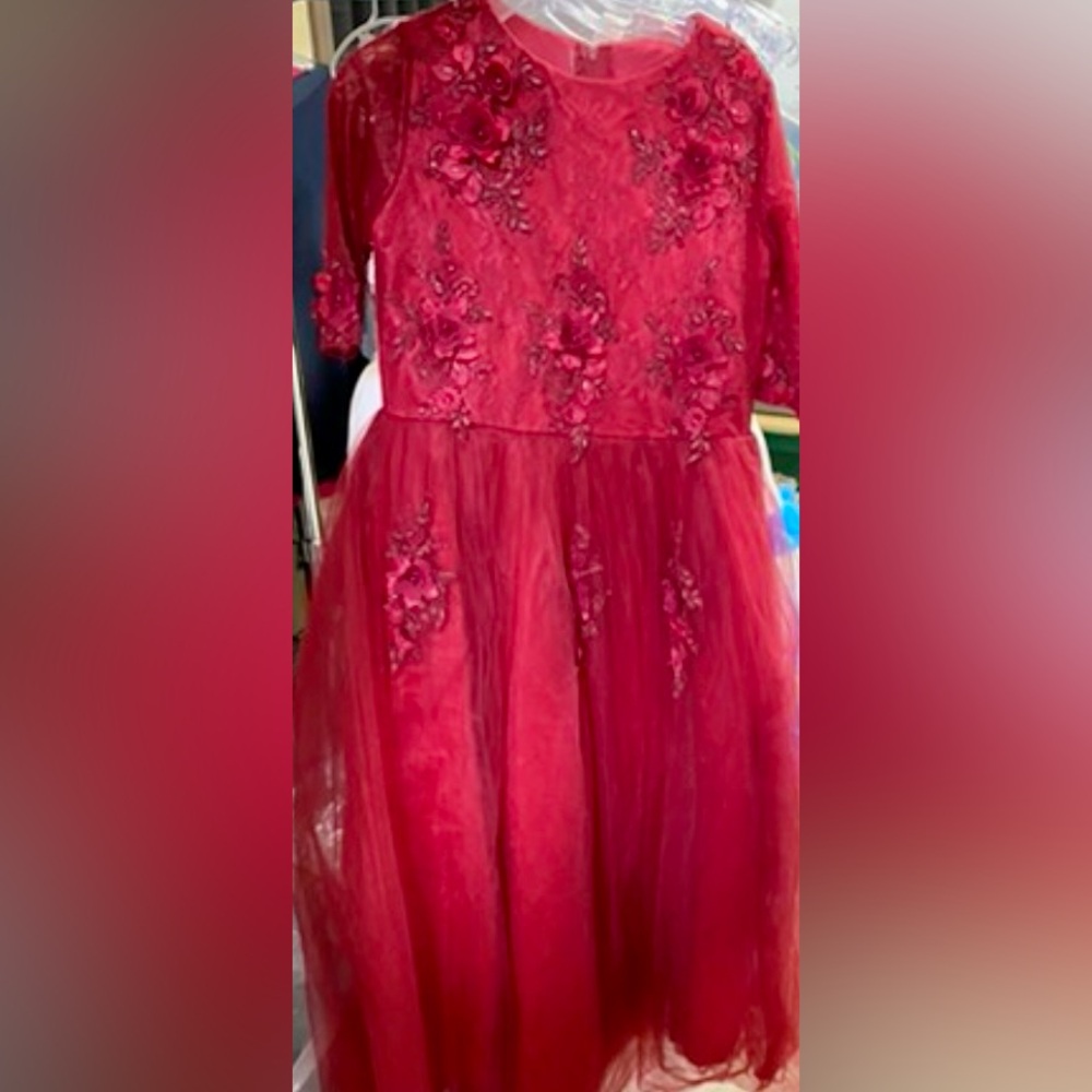 Elegant Red Floral Kids Dress